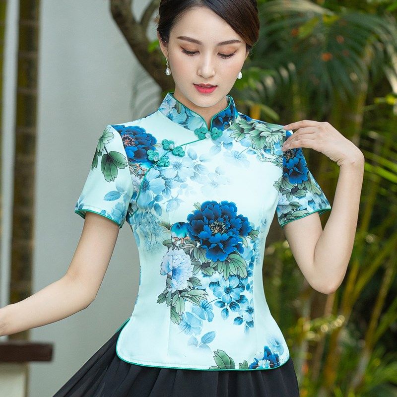 改良旗袍上衣日常可穿中国风女装短款妈妈装短袖茶服复古演出唐装