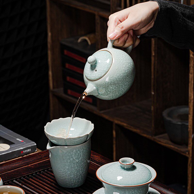 冰花釉高端汝窑功夫茶具套装轻奢家用办公室会客陶瓷泡茶壶送礼盒