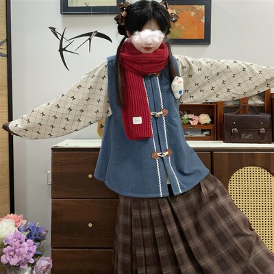 十里七巷 咖啡熊 毛呢灯芯绒短衫比甲三件套松紧马面裙日常汉服女