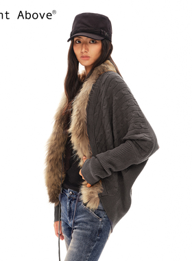 Right Above 真皮草貉毛大毛领秋冬加厚绞花针织开衫毛衣外套