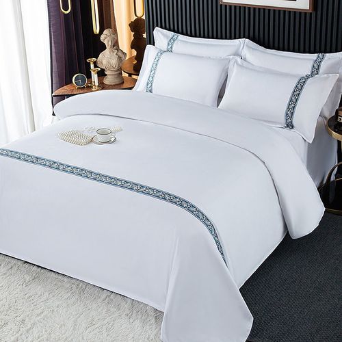 布草酒店四件套宾馆床上用品纯白三件套民宿白色缎条织带被套床单