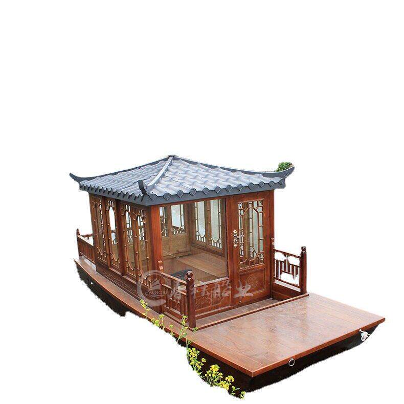 水上旅游观光船亭餐饮船 小型木船复古水面杉木雕花双层画舫船