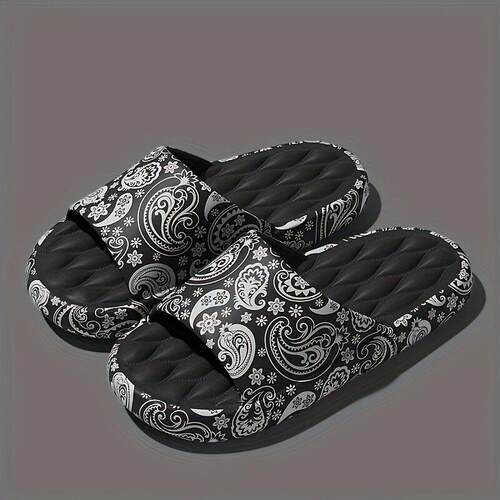 men's Trendy Flower Print Slip On Platform Slides Unisex跨境