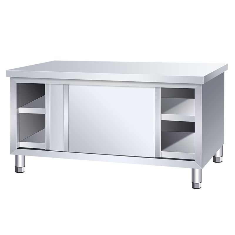 加厚不锈钢拉门工作台商用厨房橱柜食堂酒饭店不锈钢储物柜操作台