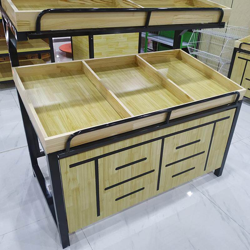 超市货架 三层木质展示柜金属边框架蔬菜展示架 便利店果蔬货架