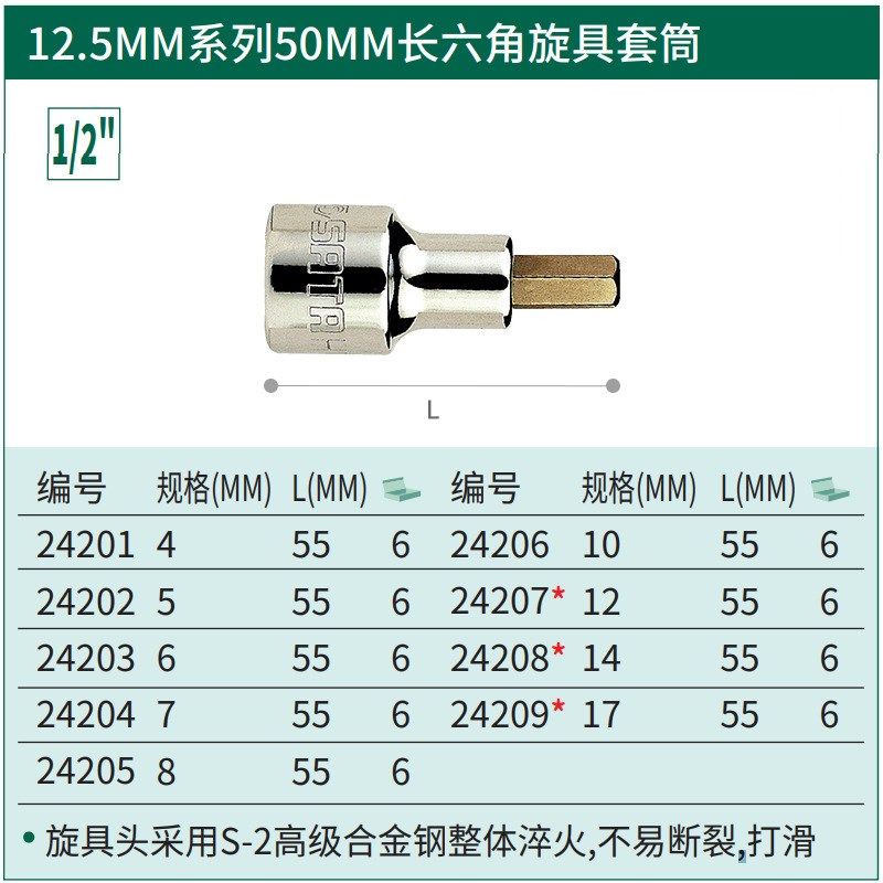 世达工具12.5MM-大飞50MM加长内六角旋具套筒扳手批头套头 24201