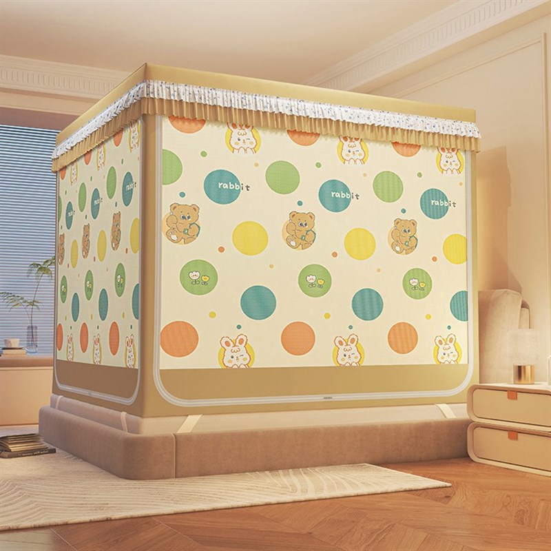 2025新款防尘遮光家用床帘防摔蚊帐带支架印花遮光帘防摔坐床蚊帐