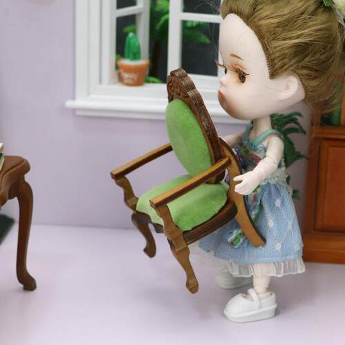 1:12迷你娃娃屋摆件dollhouse配件OB11桃形椅雕花椅老爷椅绒布椅