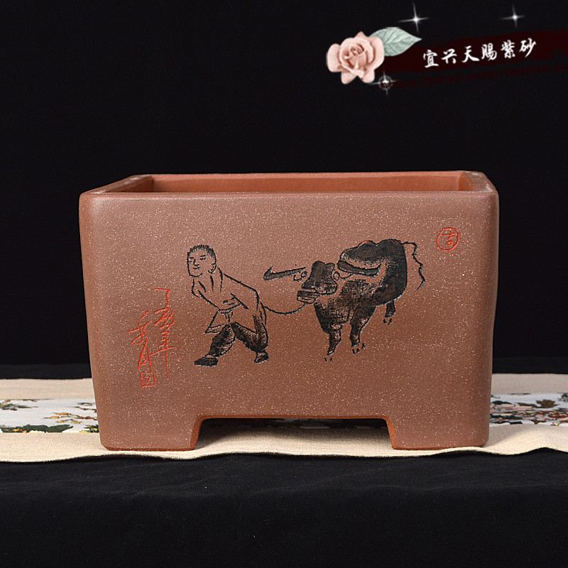 宜兴紫砂花盆003正四方盆景盆 牛犊盆 精品盆景 绿植盆手工精品