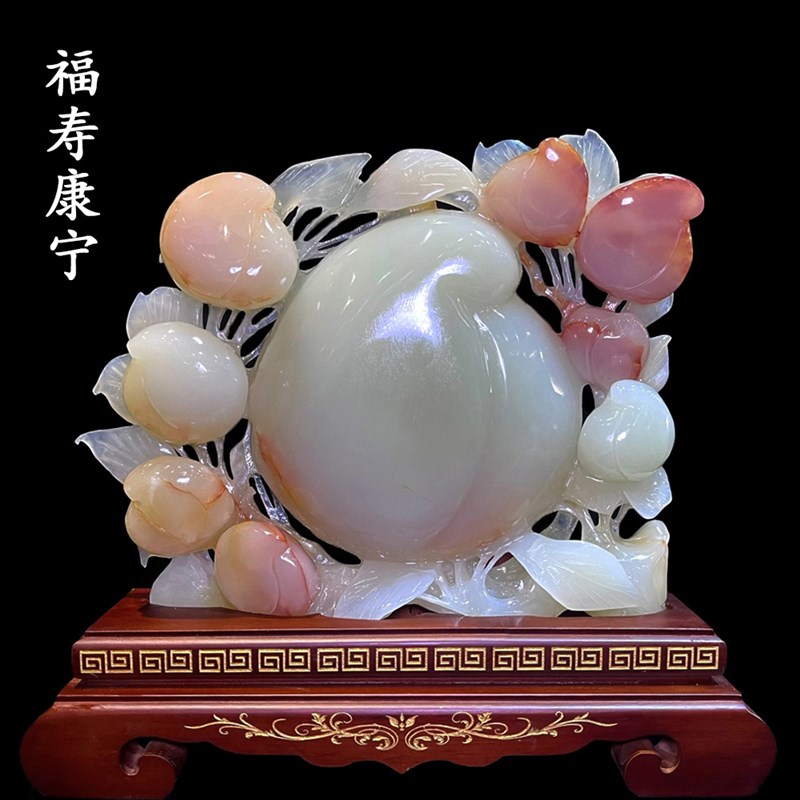 玉石蟠桃摆件中式家居客厅玄关柜装饰工艺爷爷老人长辈祝寿桃贺礼