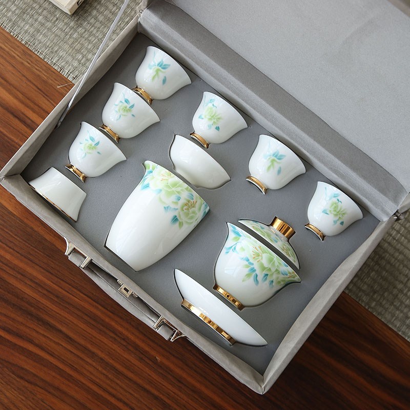 羊脂玉白瓷功夫茶具套装家用办公室陶瓷泡茶盖碗茶杯整套定制礼品