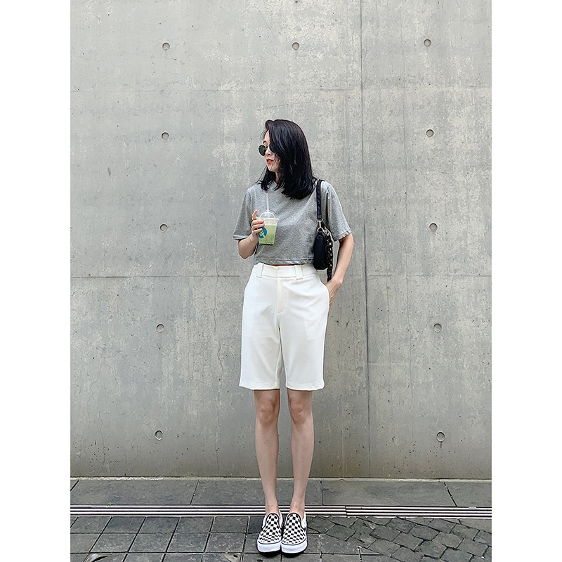 五分裤女直筒高腰显瘦骑行裤打底裤西裤短裤白色裤子西装黑色中裤