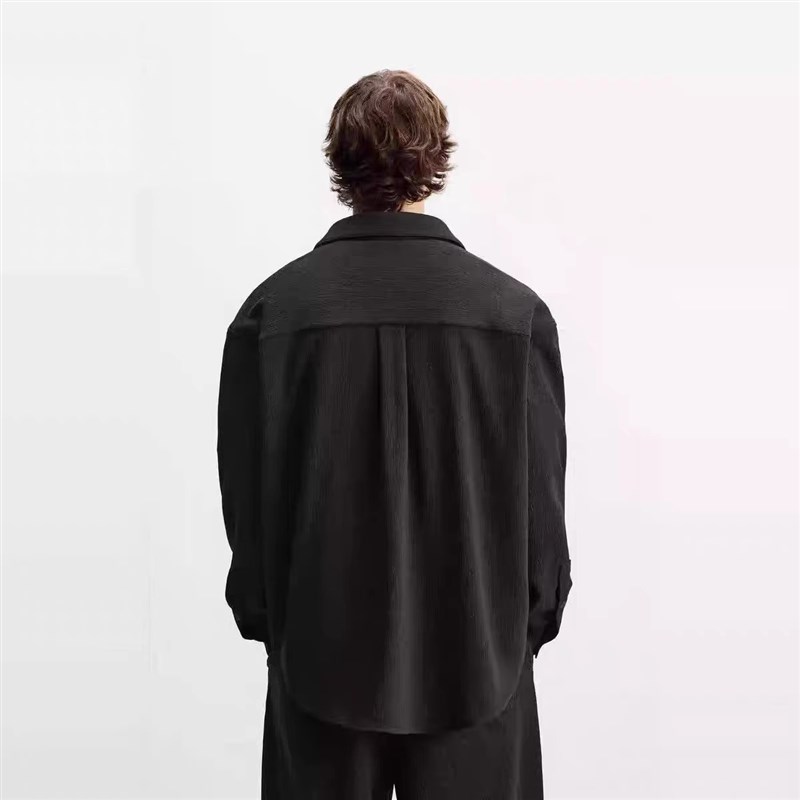 柜429!新品男装美式复古黑色宽松休闲长袖衬衫衬衣外套 7380911
