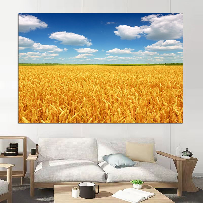 金色麦田蓝天白云秋收图客厅餐厅装饰挂画硕果累累大丰收麦穗壁画