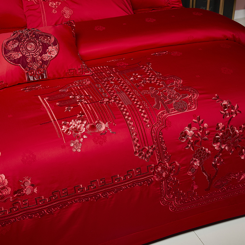 100s支全棉长绒棉婚庆四件套被套大红色床上用品新中式结婚十件套