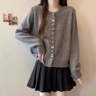 女秋冬新款 彩色纽扣圆领针织开衫 温柔风软糯显瘦慵懒毛衣外套上衣