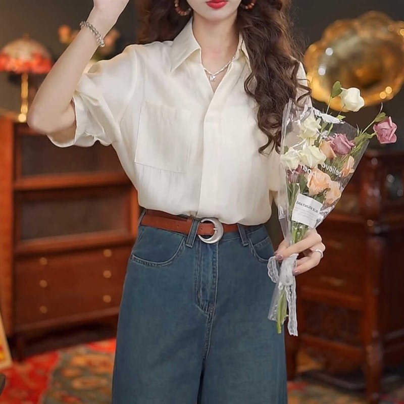 复古港风白色短袖衬衫女款夏季宽松显瘦御姐轻熟风高级感气质上衣