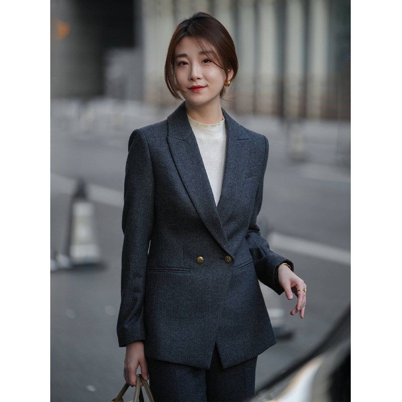 2024冬新款厚款深灰色羊毛呢料职业正装西装套装修身直筒裤西服女