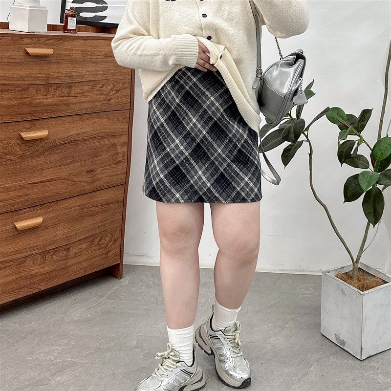 大码复古黑色格子毛呢半身裙女胖mm微胖秋冬高腰包臀a字格纹短裙,女装/女士精品,大码半身裙,淘宝优惠券,粉丝福利购,淘宝优惠卷
