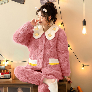 睡衣女秋冬季 三层夹棉袄加绒加厚韩版 可爱珊瑚绒保暖家居服套装
