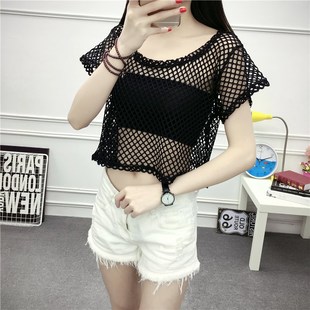 夏装镂空罩衫短款大码宽松蕾丝上衣女圆领短袖网状大网眼上衣外搭