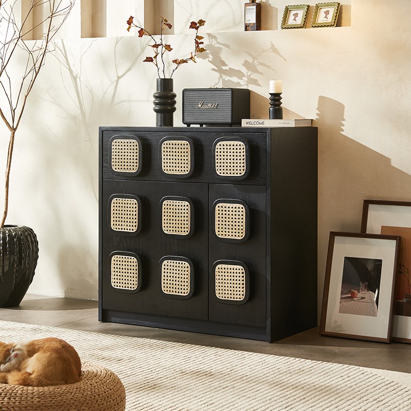 复古实木藤编餐边柜小户型客厅斗柜收纳储物柜设计师组合柜玄关柜