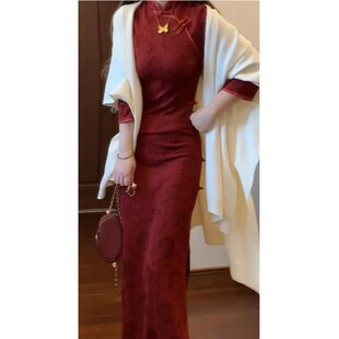 大码胖mm国风新中式红色旗袍连衣裙女秋冬复古高级感收腰显瘦长裙