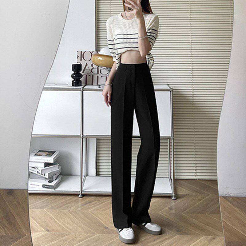 窄版高腰阔腿直筒裤女春夏垂坠深灰色休闲微阔小个子拖地加长西裤