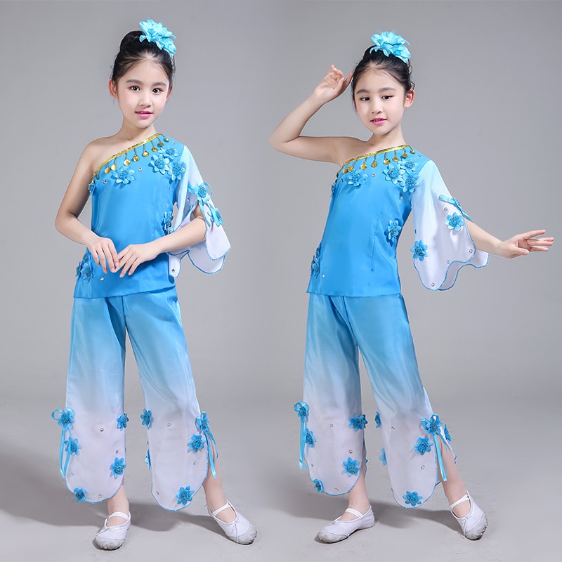 儿童秧歌服装民族舞蹈演出服扇子舞古典舞男女表演服茉莉花绿