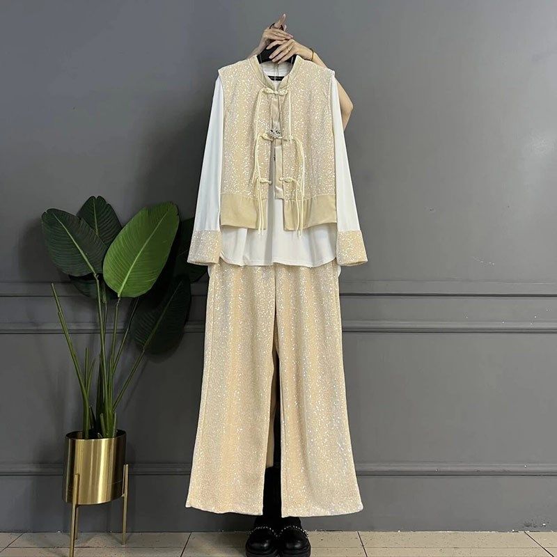 大码女装盘扣亮片马甲长袖简约打底衫阔腿长裤胖MM时尚休闲三件套,女装/女士精品,大码套装,淘宝优惠券,粉丝福利购,淘宝优惠卷