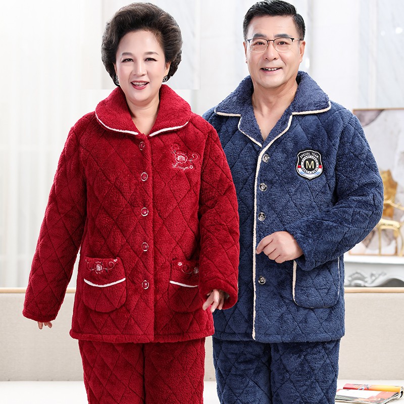 睡衣女中老年妈妈珊瑚绒加厚夹棉加绒保暖男士家居服爸爸秋冬季款