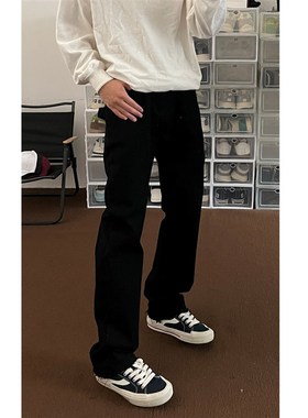 布老哥Blog黑色显瘦毛边窄版直筒裤微中弹显高休闲牛仔裤长裤K554