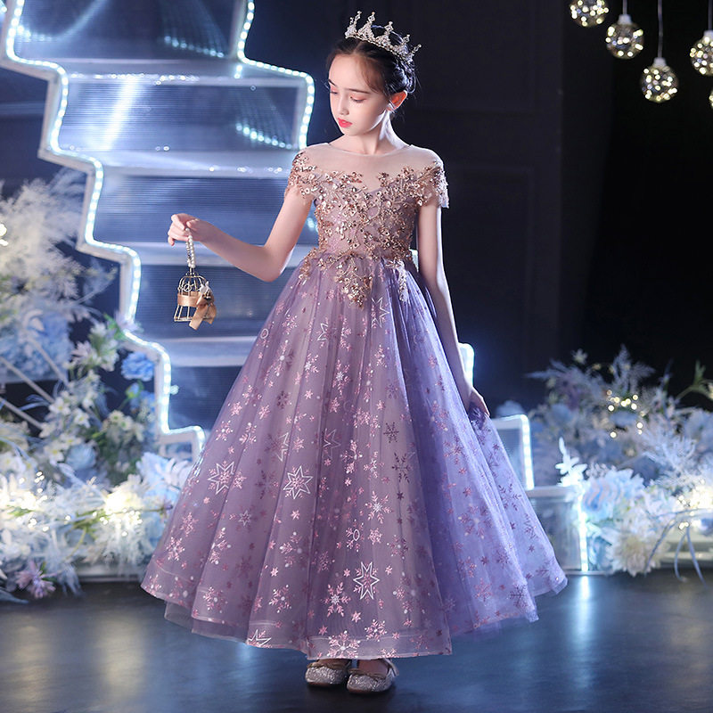 儿童礼服公主裙红色新款女童主持人走秀晚礼服冬季钢琴演奏演出服