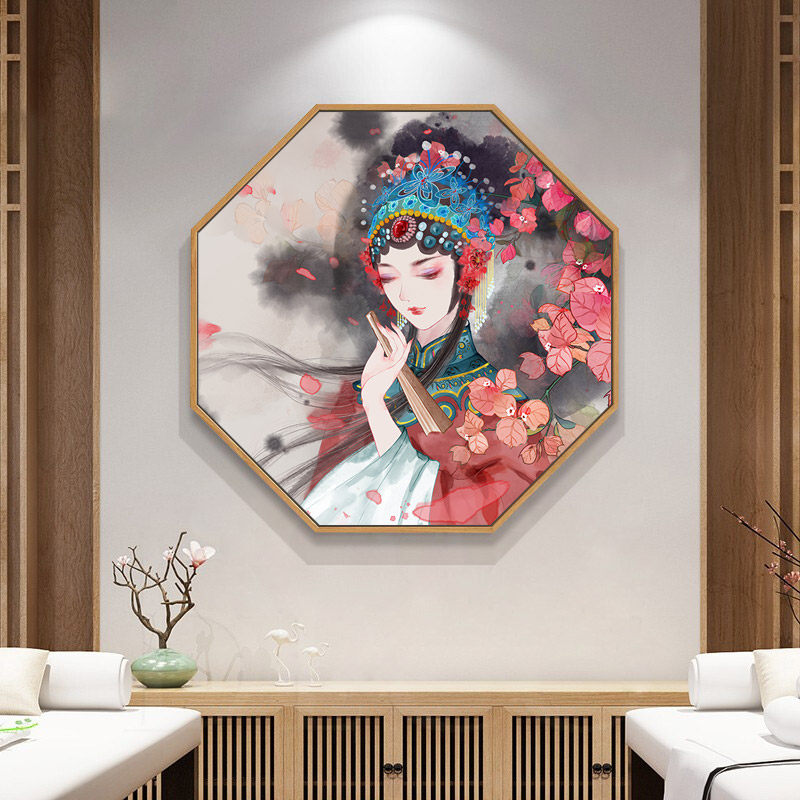 中国风美女挂画国潮京剧花旦装饰画八边形脸谱古风新中式玄关壁画