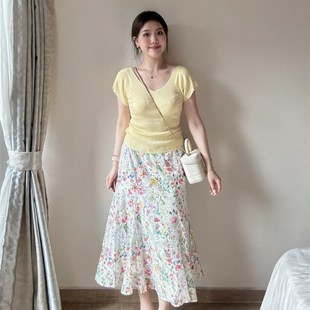 微胖MM莫奈油画碎花半身裙女夏季 法式 绝美气质温柔风穿搭一整套装