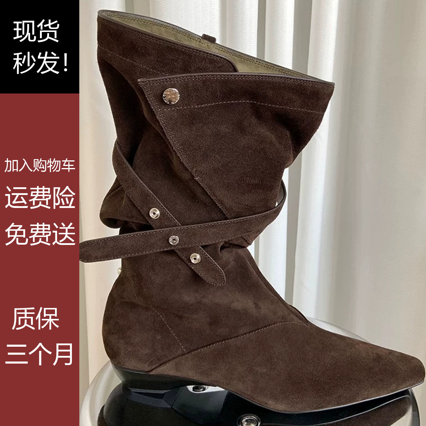 秋冬真皮尖头粗跟西部牛仔中筒靴