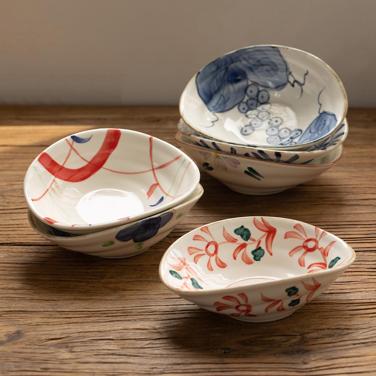 日式手绘陶瓷椭圆6寸碗茶点盘家用釉下彩凉菜盘元宝钵零食碗骨碟