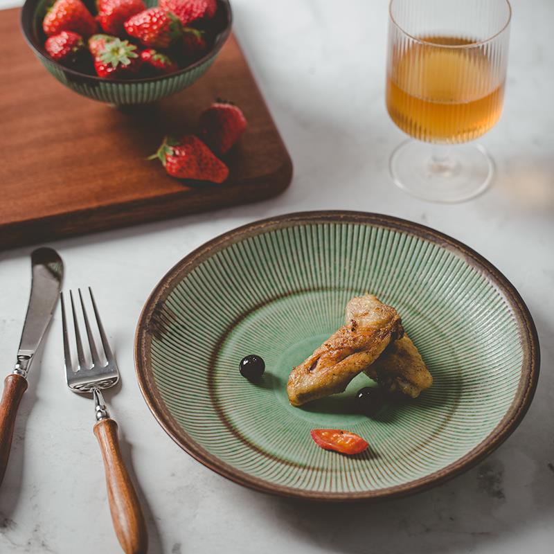 莳绘金缮日式秋田高脚碗5寸饭碗家用粗陶圆盘西餐碗盘意面牛排盘