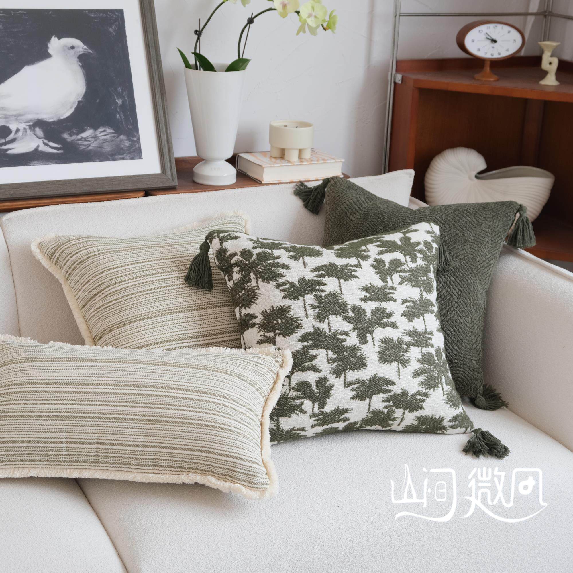 绿色系抱枕高级感椰子图案靠垫靠包高端民宿酒店床头靠枕组合