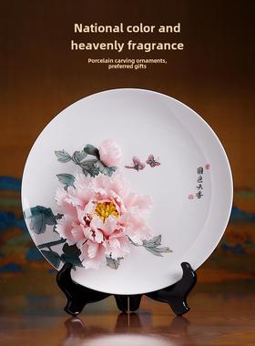 牡丹花陶瓷挂盘摆件客厅无障碍豪华高端公司办公室酒柜入口自修室
