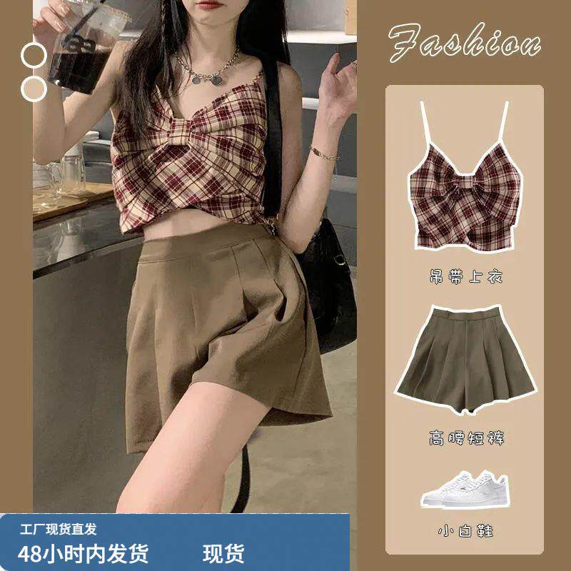 2025套装女2021夏季新款格子蝴蝶结吊带背心西装阔腿裤高腰百褶短