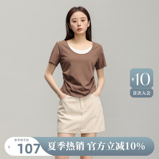 收腰显瘦AY42TX385 AIRIQI时尚 T恤夏季 女撞色拼接咖色短袖 上衣短款