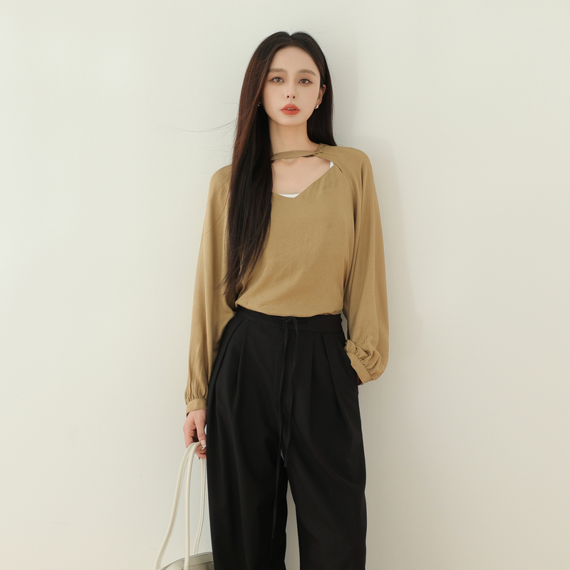 BAIZHUO醋酸套装上衣秋季新款气质v领衬衫高级感小衫AZ43TZ346