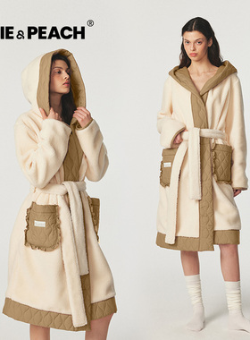 Cindy秋日暖阳浅杏黄拼接女士大翻领浴袍睡衣2025年秋季新款