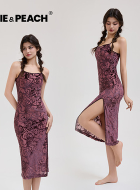 Pixie&Peach Hope高贵丝绒棕优雅吊带高开叉提花丝绒长裙