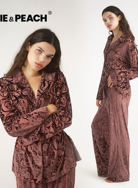 Pixie&Peach Hope高贵丝绒棕花朵绽放提花丝绒长袖春秋家居服套装