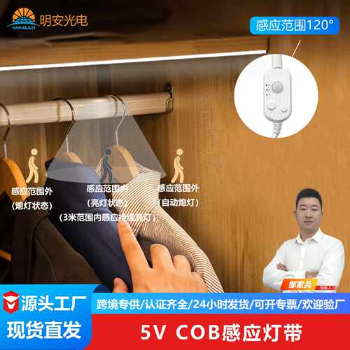 5VCOB灯带电池盒免布线led灯条自粘usb充电插电人体感应灯可调光