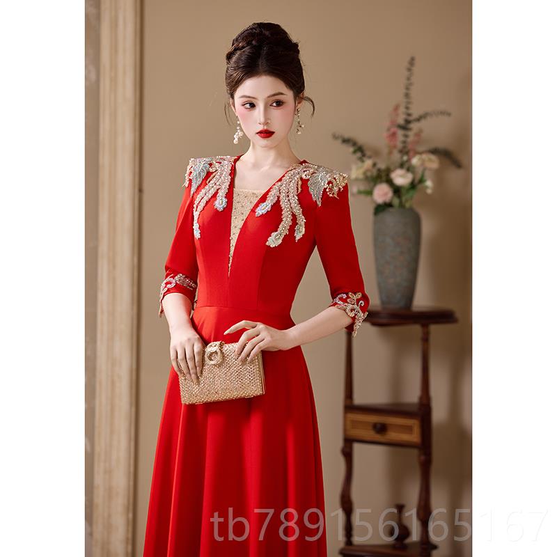 新款晚礼服女高端轻奢高级感考民歌独唱演出服合艺唱指挥红色式中图片