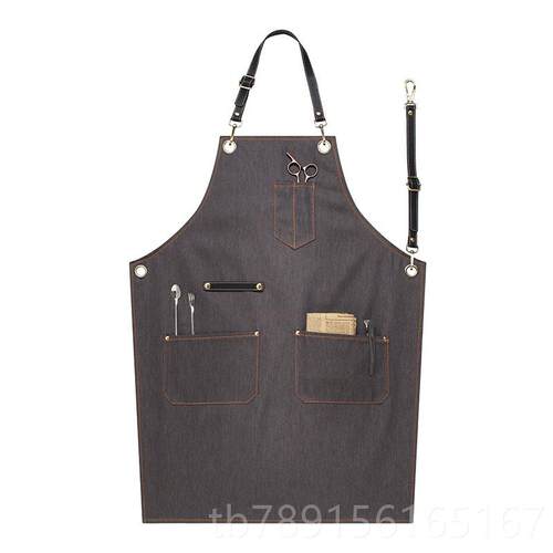 新款皮餐饮牛仔围裙日服式女咖啡师制l定go印字烘焙酒吧o咖啡师工