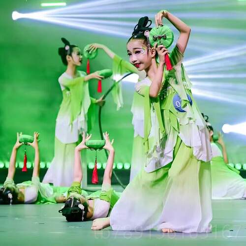新款儿童古典舞莲鼓歌古行舞蹈服中国风风荷花飘逸表演服江南越可
